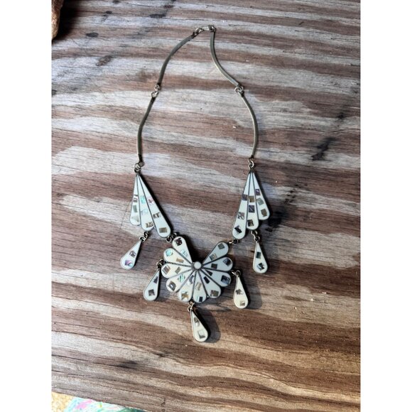 Vintage Mexican Sterling Silver Necklace With White & Abalone Inlay Floral - Picture 5 of 8